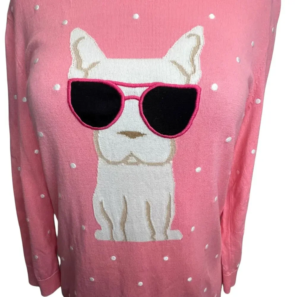 Talbots Sweater Womens M Pink Embroidered Novelty Dog Frenchie‎ Preppy Feminine